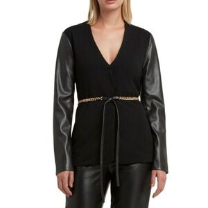 NWT H HALSTON | Black Collarless Faux Leather Sleeve Belted Blazer Jacket Sz. XS